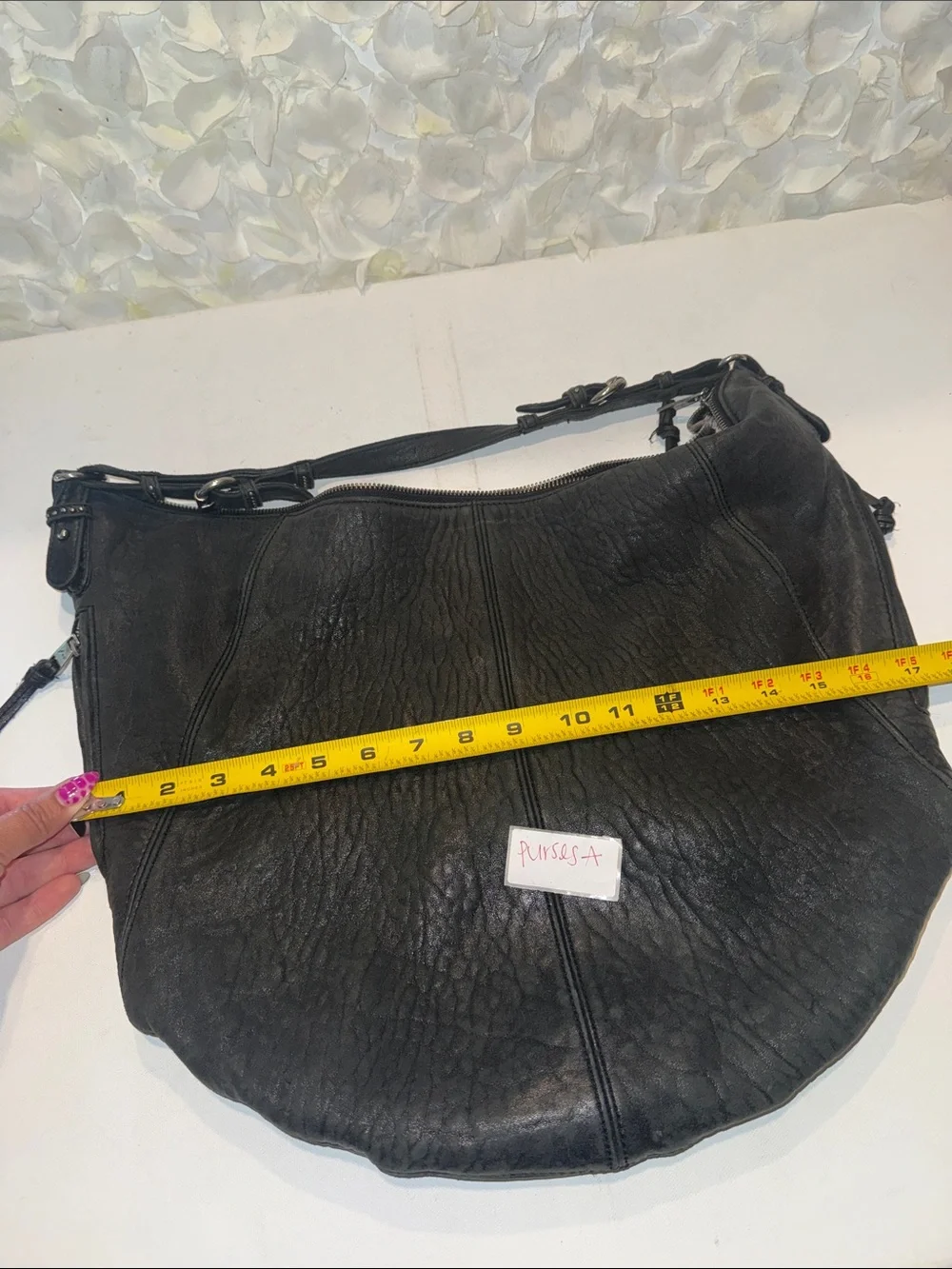 Textured Black Leather Hobo Shoulder Bag